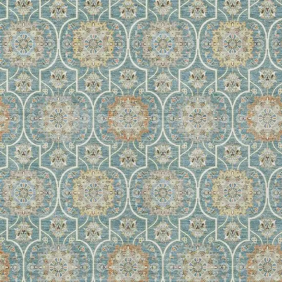 Teal Blue And Beige Floral Medallion Washable Indoor Outdoor Area Rug Photo 5