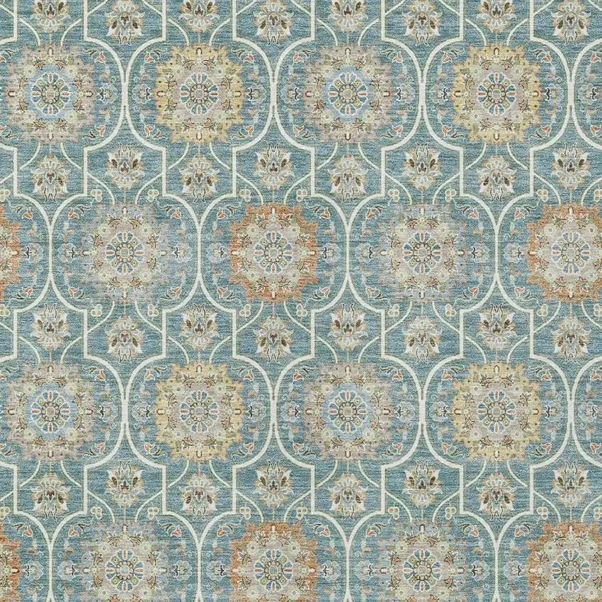 Teal Blue And Beige Floral Medallion Washable Indoor Outdoor Area Rug Photo 5