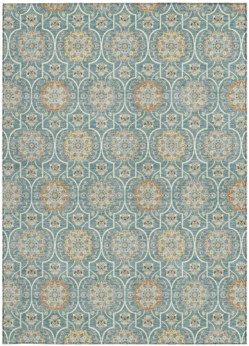 Teal Blue And Beige Floral Medallion Washable Indoor Outdoor Area Rug Photo 3