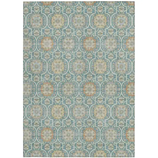 Teal Blue And Beige Floral Medallion Washable Indoor Outdoor Area Rug Photo 3