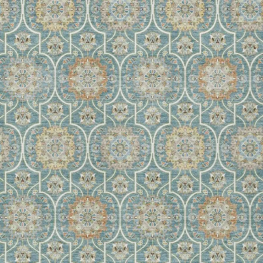 Teal Blue And Beige Floral Medallion Washable Indoor Outdoor Area Rug Photo 4
