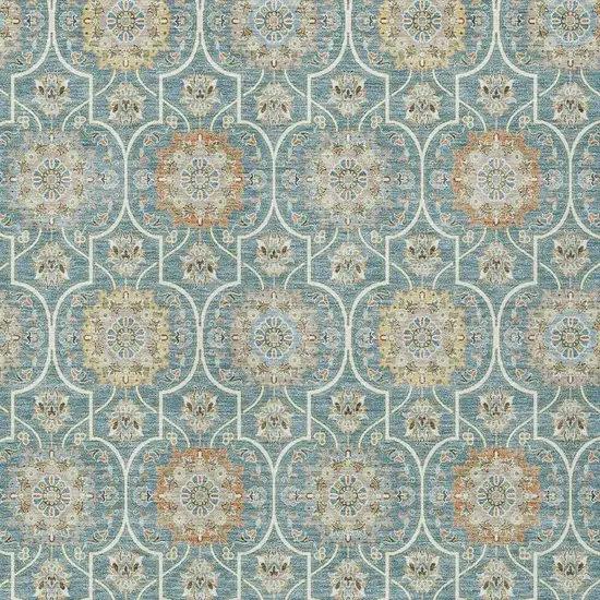 Teal Blue And Beige Floral Medallion Washable Indoor Outdoor Area Rug Photo 4