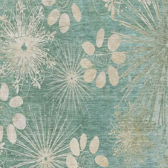 Teal Blue And Beige Floral Washable Indoor Outdoor Area Rug Photo 6