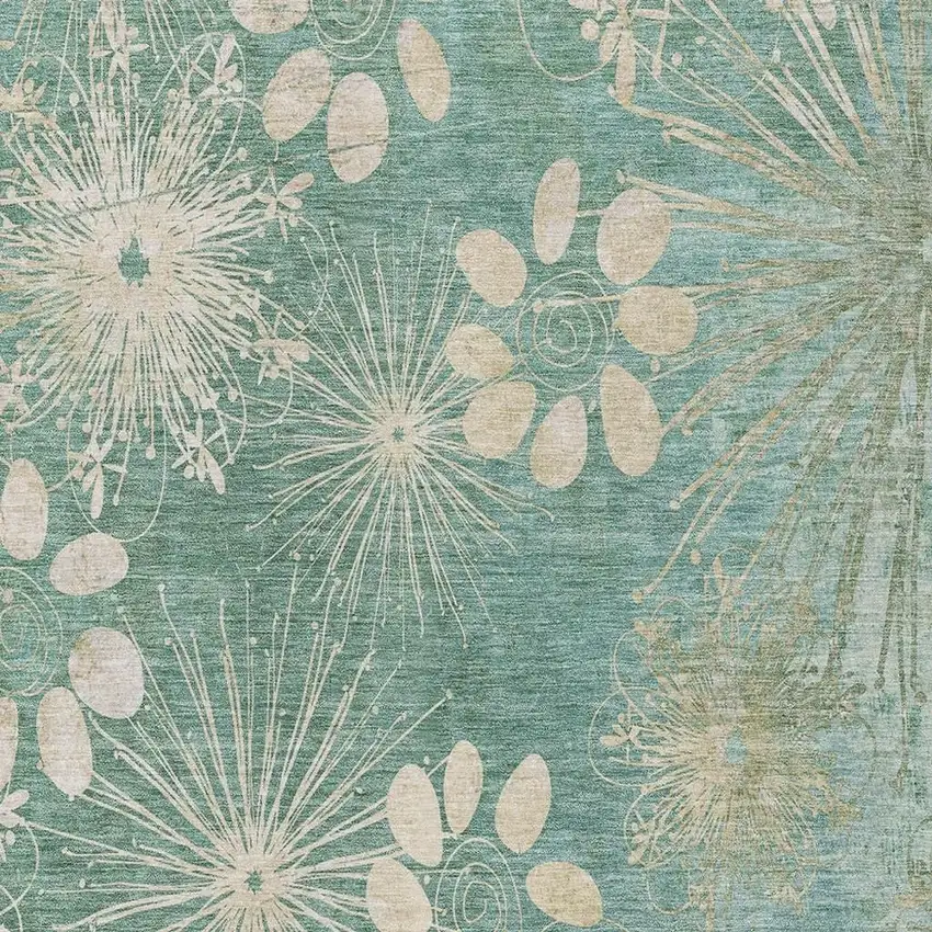 Teal Blue And Beige Floral Washable Indoor Outdoor Area Rug Photo 6