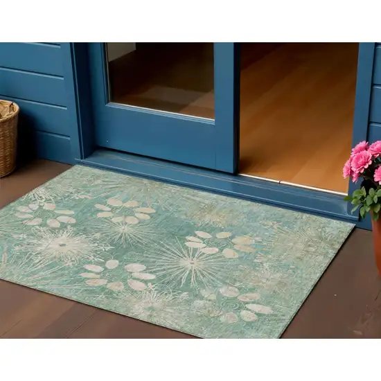 Teal Blue And Beige Floral Washable Indoor Outdoor Area Rug Photo 1