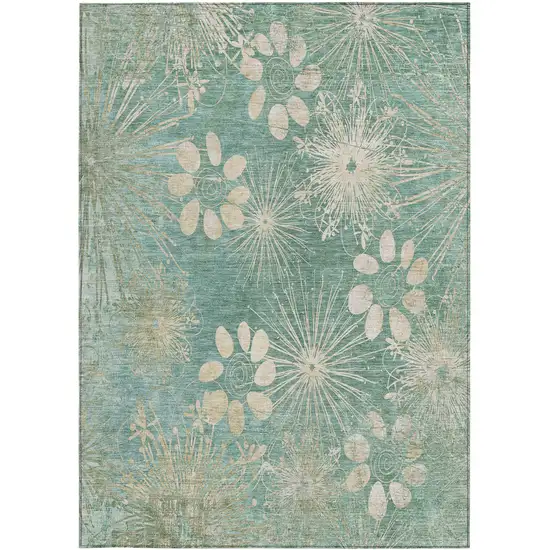 Teal Blue And Beige Floral Washable Indoor Outdoor Area Rug Photo 4