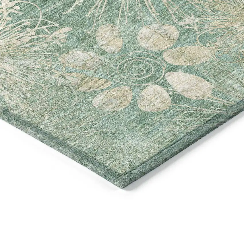 Teal Blue And Beige Floral Washable Indoor Outdoor Area Rug Photo 5