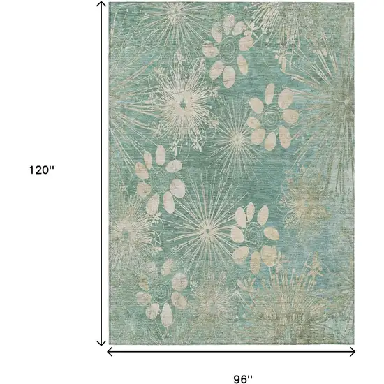 Teal Blue And Beige Floral Washable Indoor Outdoor Area Rug Photo 3