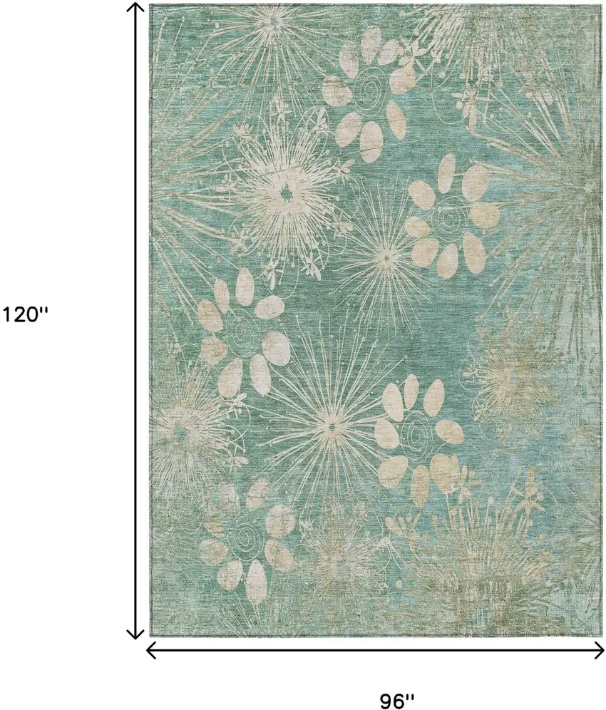 Teal Blue And Beige Floral Washable Indoor Outdoor Area Rug Photo 3