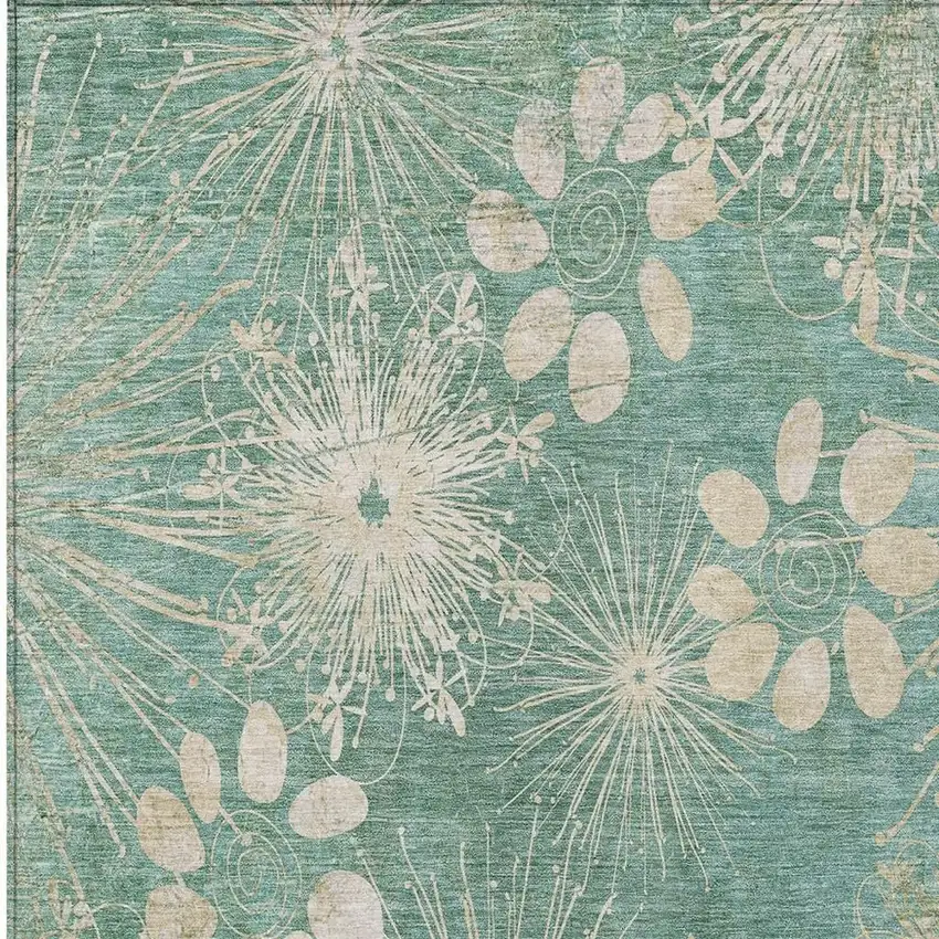 Teal Blue And Beige Floral Washable Indoor Outdoor Area Rug Photo 6
