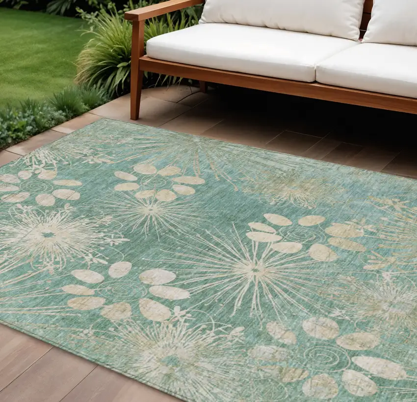 Teal Blue And Beige Floral Washable Indoor Outdoor Area Rug Photo 1