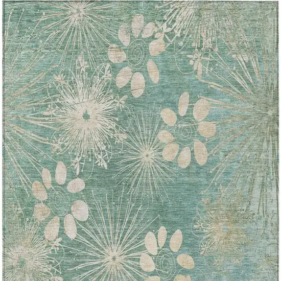 Teal Blue And Beige Floral Washable Indoor Outdoor Area Rug Photo 4