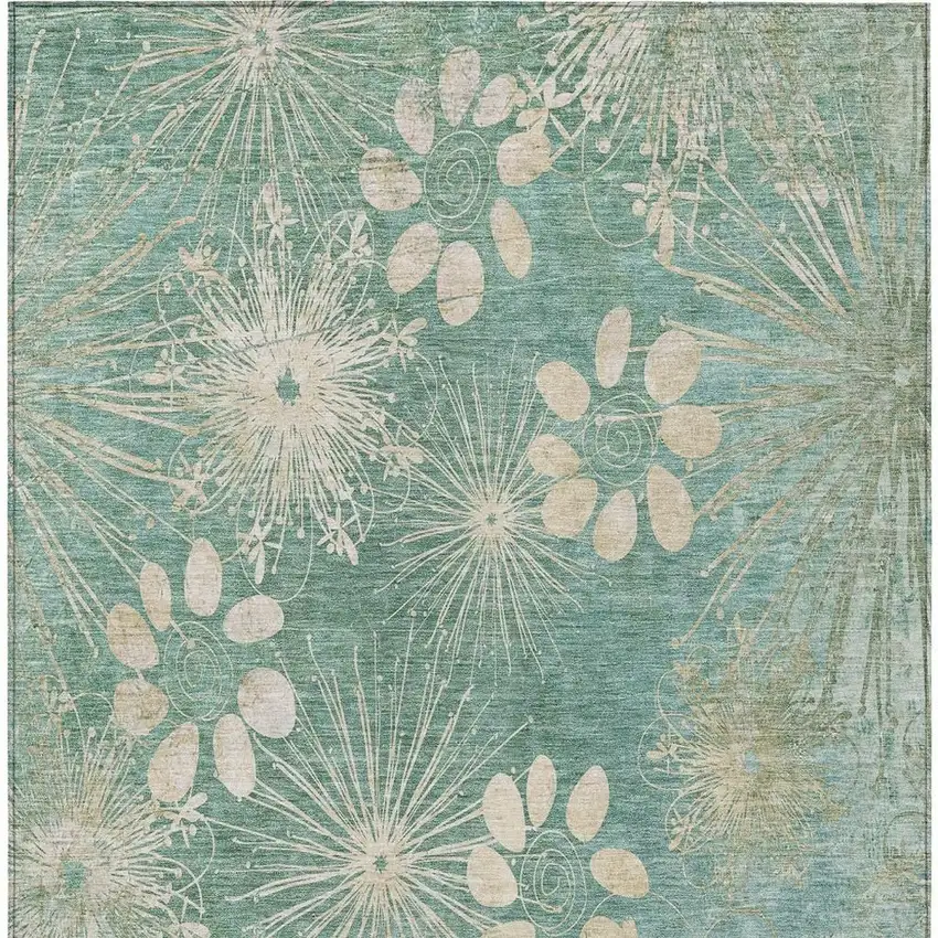 Teal Blue And Beige Floral Washable Indoor Outdoor Area Rug Photo 4