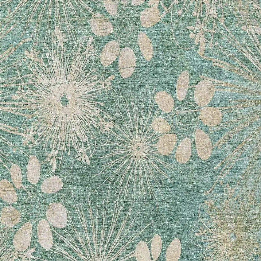 Teal Blue And Beige Floral Washable Indoor Outdoor Area Rug Photo 6