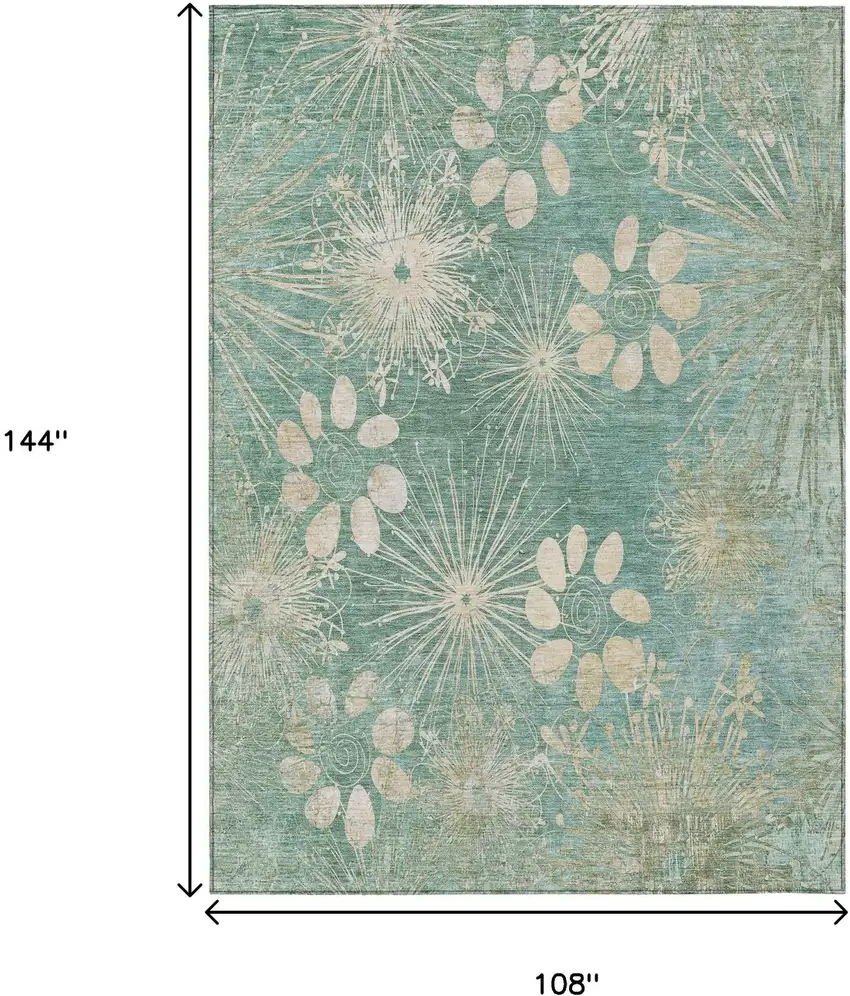 Teal Blue And Beige Floral Washable Indoor Outdoor Area Rug Photo 3