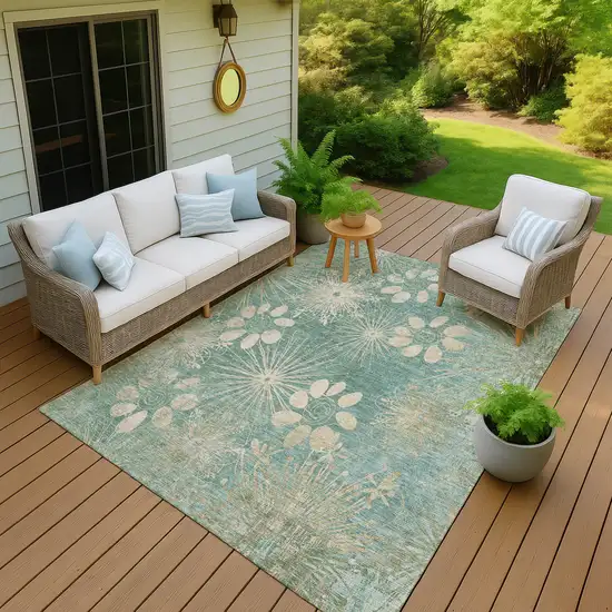 Teal Blue And Beige Floral Washable Indoor Outdoor Area Rug Photo 8