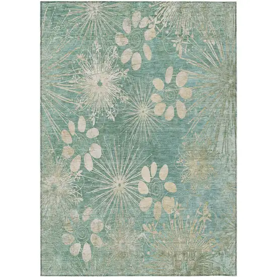 Teal Blue And Beige Floral Washable Indoor Outdoor Area Rug Photo 2