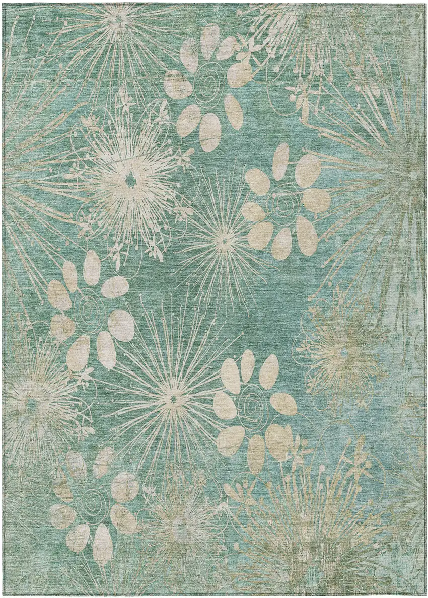Teal Blue And Beige Floral Washable Indoor Outdoor Area Rug Photo 2