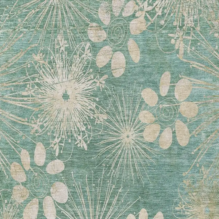 Teal Blue And Beige Floral Washable Indoor Outdoor Area Rug Photo 6
