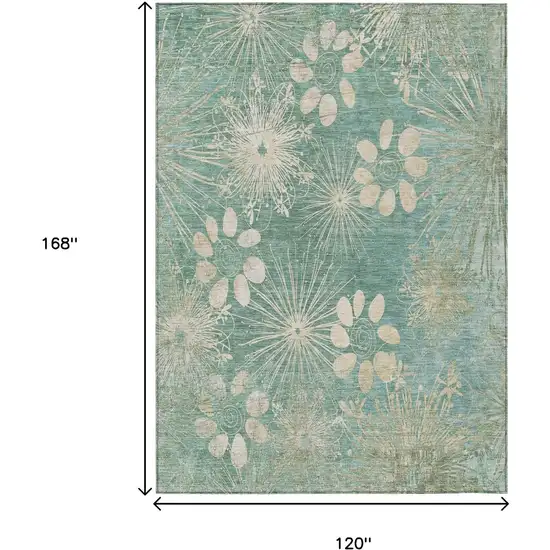 Teal Blue And Beige Floral Washable Indoor Outdoor Area Rug Photo 3