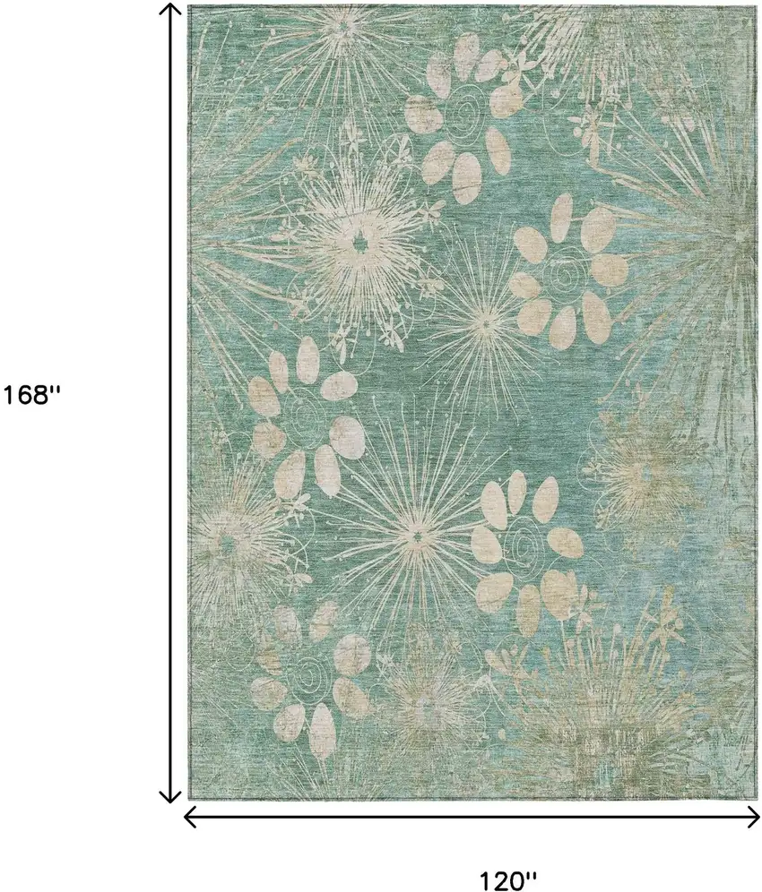 Teal Blue And Beige Floral Washable Indoor Outdoor Area Rug Photo 3