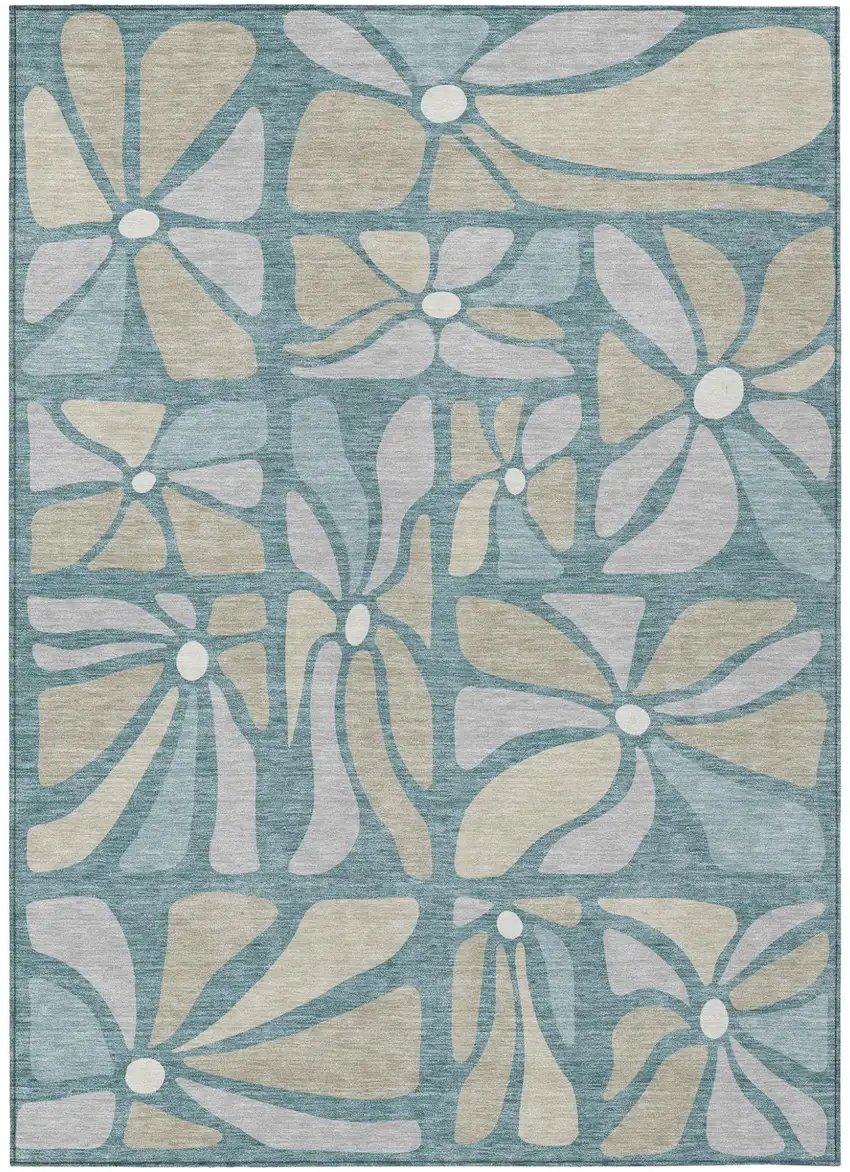 Teal Blue And Beige Floral Washable Indoor Outdoor Area Rug Photo 1