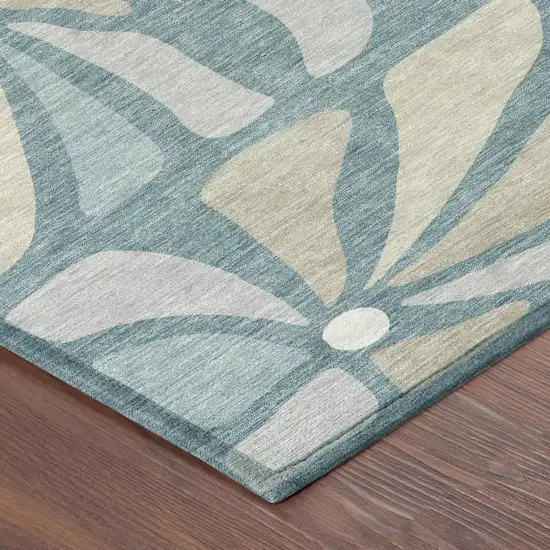 Teal Blue And Beige Floral Washable Indoor Outdoor Area Rug Photo 4
