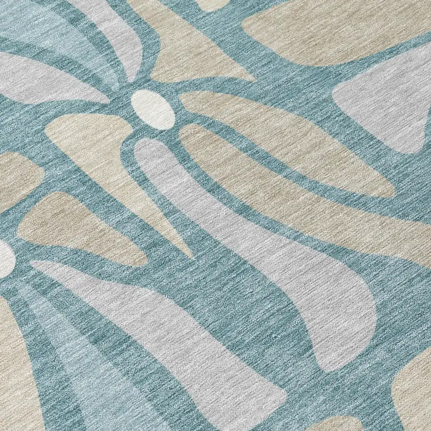 Teal Blue And Beige Floral Washable Indoor Outdoor Area Rug Photo 5