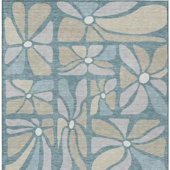 Teal Blue And Beige Floral Washable Indoor Outdoor Area Rug Photo 3
