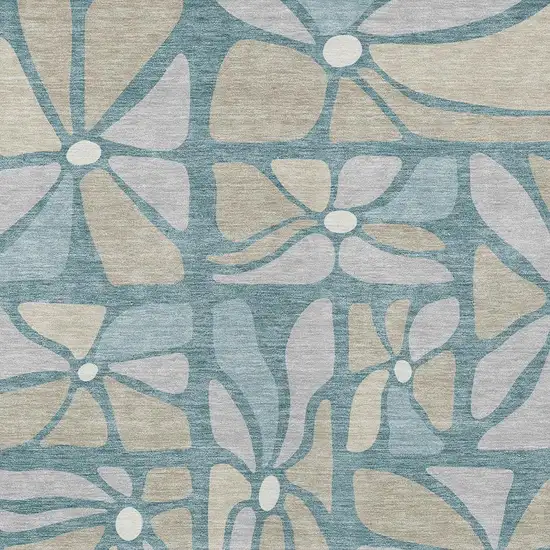 Teal Blue And Beige Floral Washable Indoor Outdoor Area Rug Photo 2