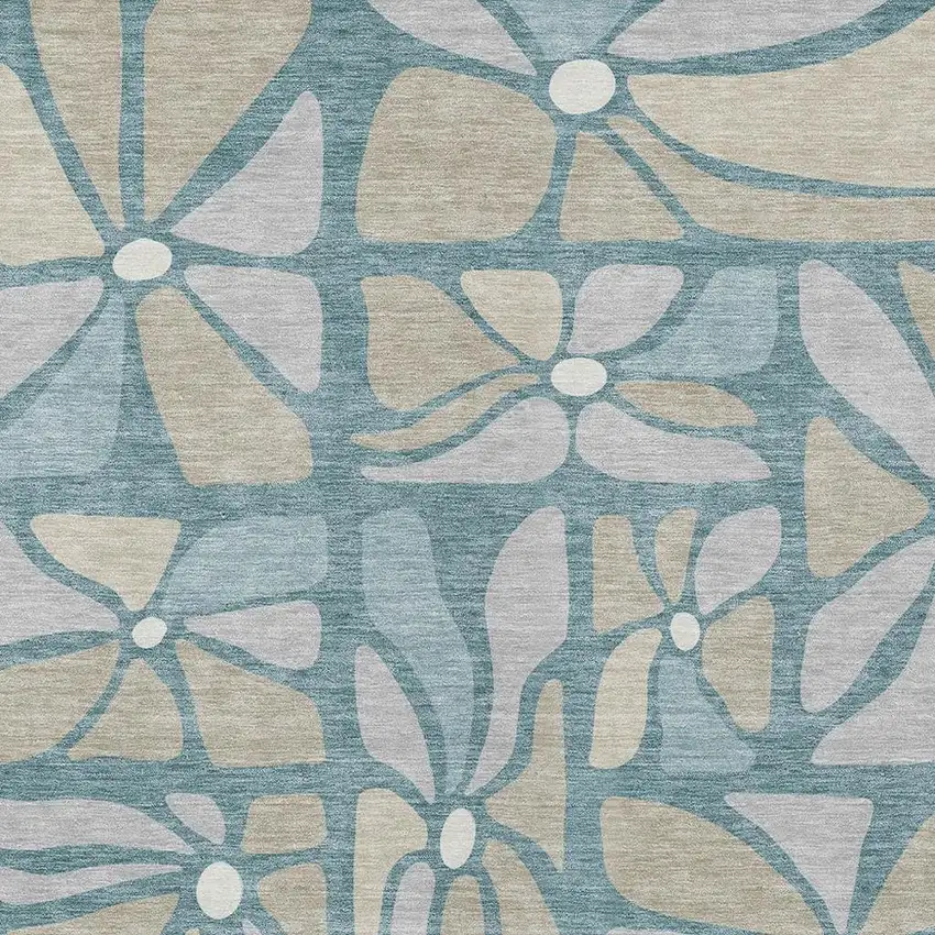 Teal Blue And Beige Floral Washable Indoor Outdoor Area Rug Photo 2