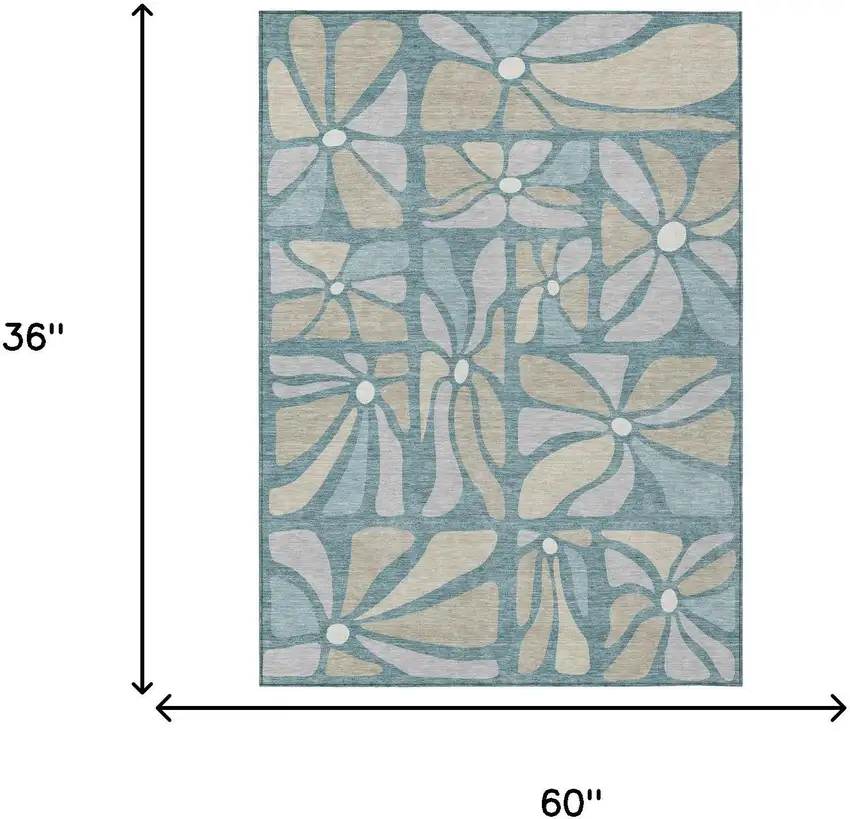 Teal Blue And Beige Floral Washable Indoor Outdoor Area Rug Photo 6