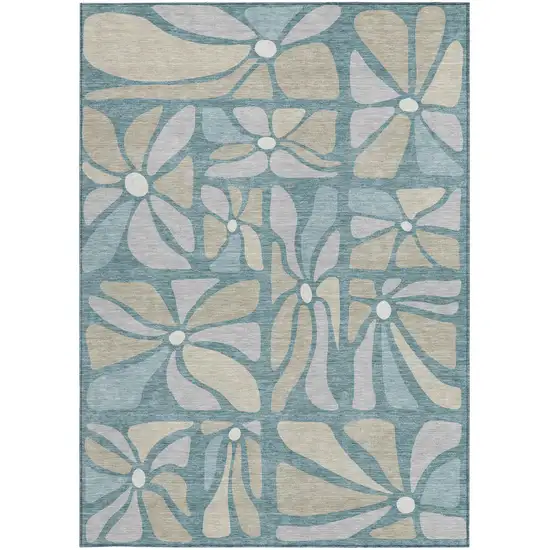 Teal Blue And Beige Floral Washable Indoor Outdoor Area Rug Photo 3