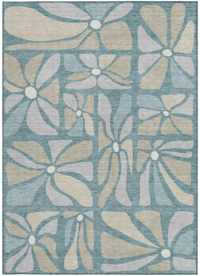 Teal Blue And Beige Floral Washable Indoor Outdoor Area Rug Photo 3