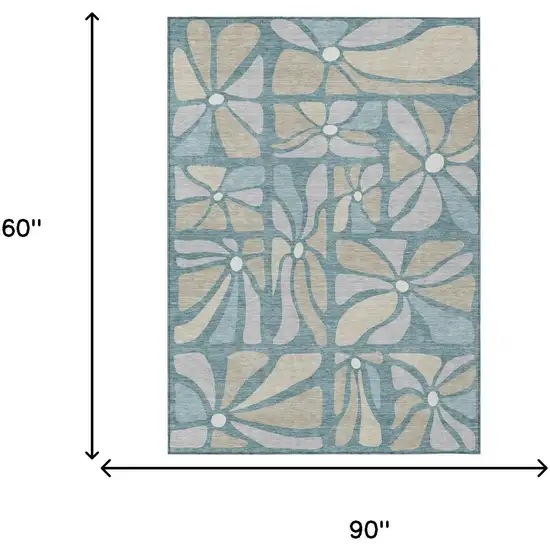 Teal Blue And Beige Floral Washable Indoor Outdoor Area Rug Photo 6
