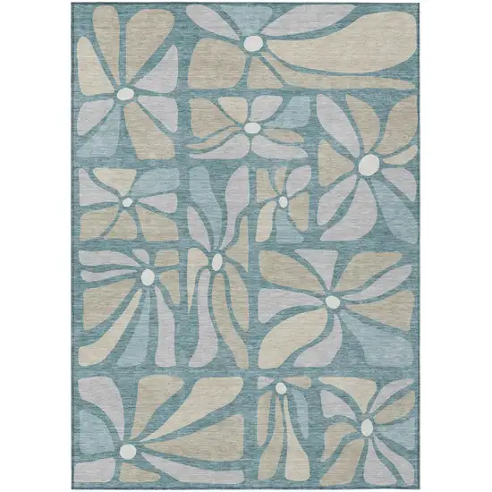 Teal Blue And Beige Floral Washable Indoor Outdoor Area Rug Photo 2