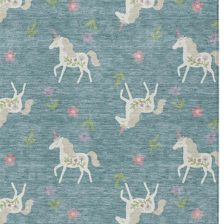 Teal Blue And Beige Floral Washable Indoor Outdoor Area Rug Photo 4
