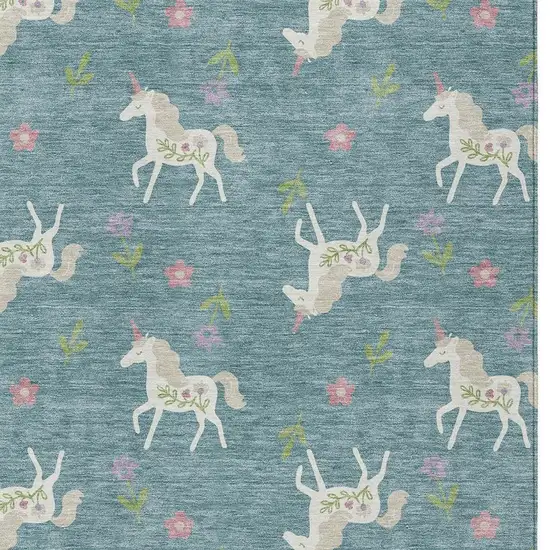 Teal Blue And Beige Floral Washable Indoor Outdoor Area Rug Photo 4