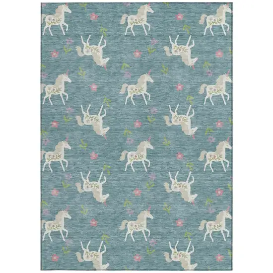 Teal Blue And Beige Floral Washable Indoor Outdoor Area Rug Photo 5