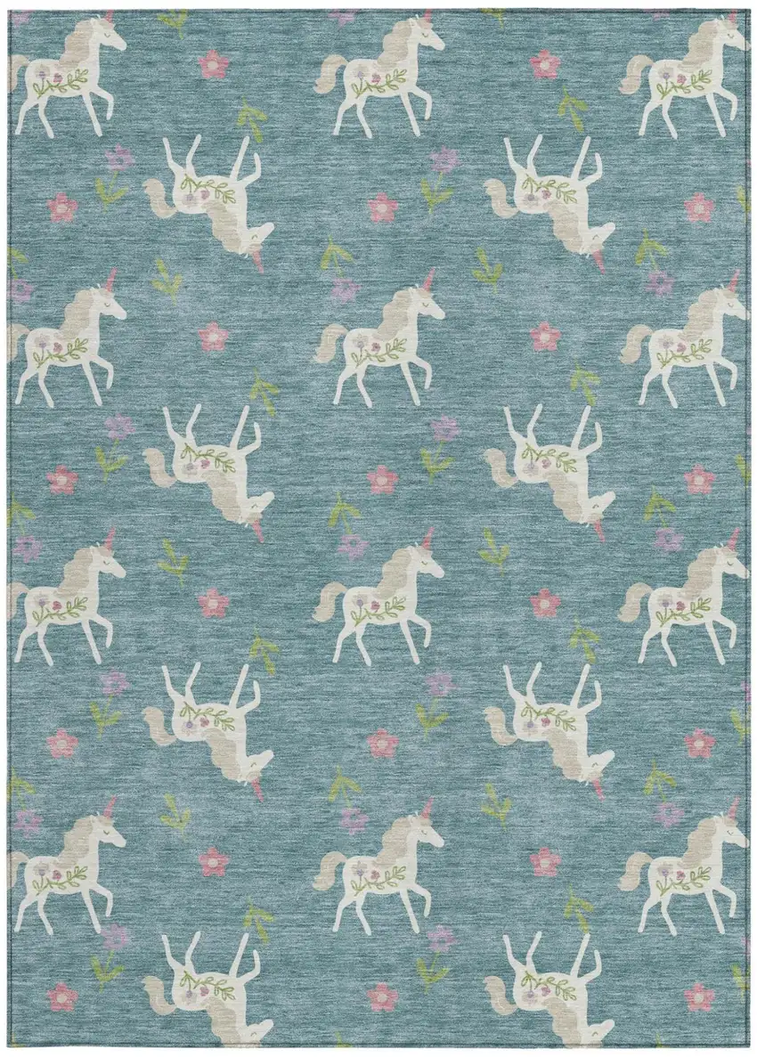 Teal Blue And Beige Floral Washable Indoor Outdoor Area Rug Photo 5