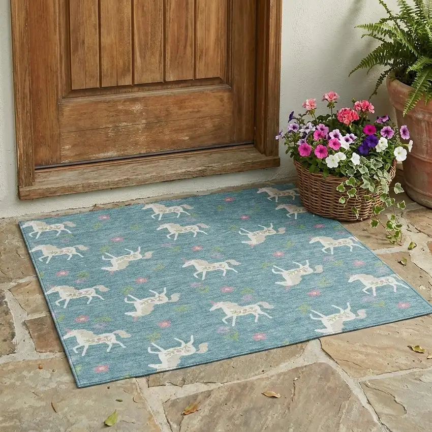 Teal Blue And Beige Floral Washable Indoor Outdoor Area Rug Photo 2