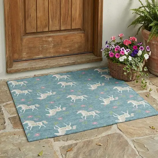 Teal Blue And Beige Floral Washable Indoor Outdoor Area Rug Photo 2