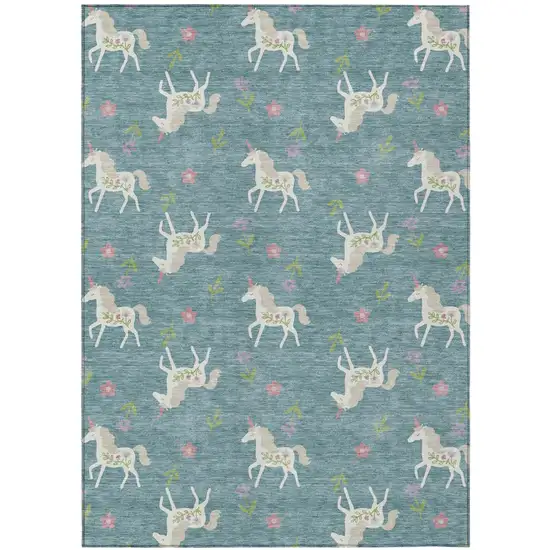 Teal Blue And Beige Floral Washable Indoor Outdoor Area Rug Photo 3