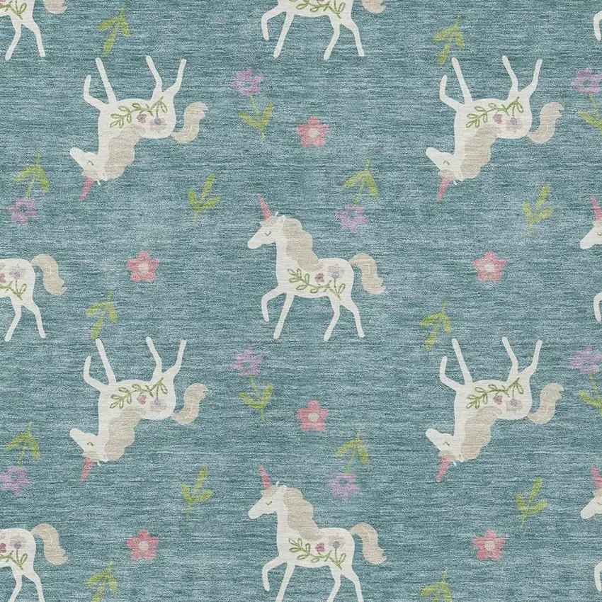 Teal Blue And Beige Floral Washable Indoor Outdoor Area Rug Photo 6