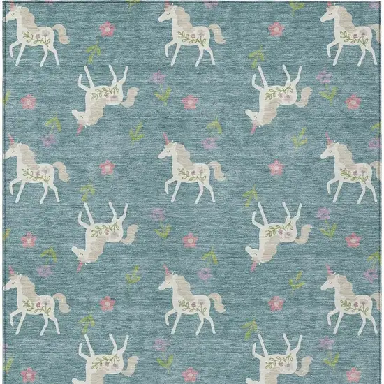 Teal Blue And Beige Floral Washable Indoor Outdoor Area Rug Photo 6