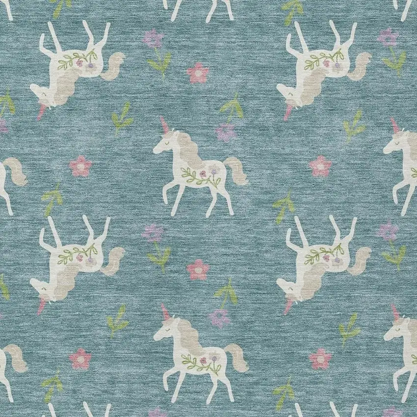 Teal Blue And Beige Floral Washable Indoor Outdoor Area Rug Photo 5