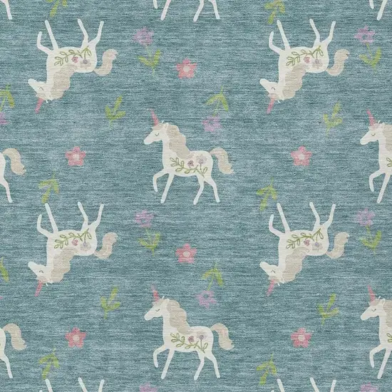 Teal Blue And Beige Floral Washable Indoor Outdoor Area Rug Photo 5