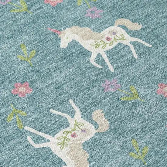 Teal Blue And Beige Floral Washable Indoor Outdoor Area Rug Photo 8