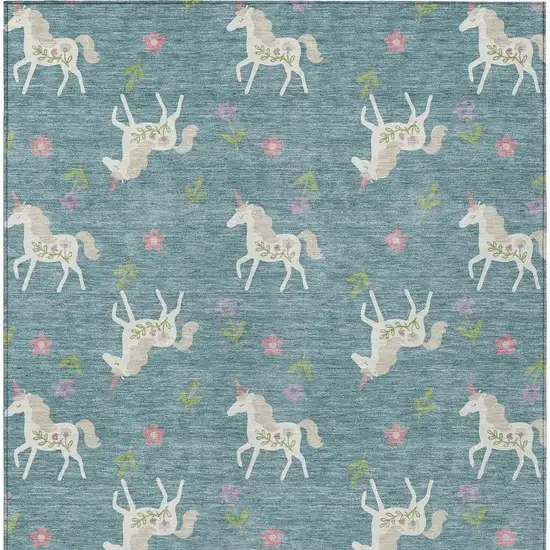 Teal Blue And Beige Floral Washable Indoor Outdoor Area Rug Photo 4