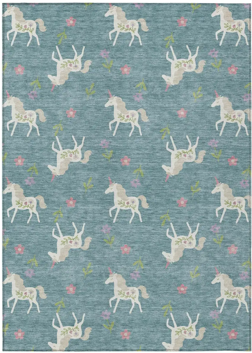 Teal Blue And Beige Floral Washable Indoor Outdoor Area Rug Photo 2